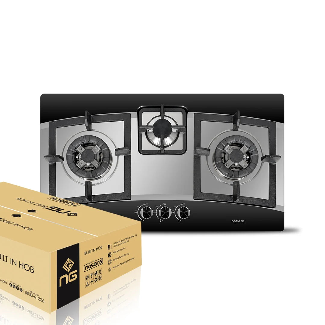 Nasgas DG-932 BK Built-in Hob 3 Burner Gas Stove with Black Glass Finish