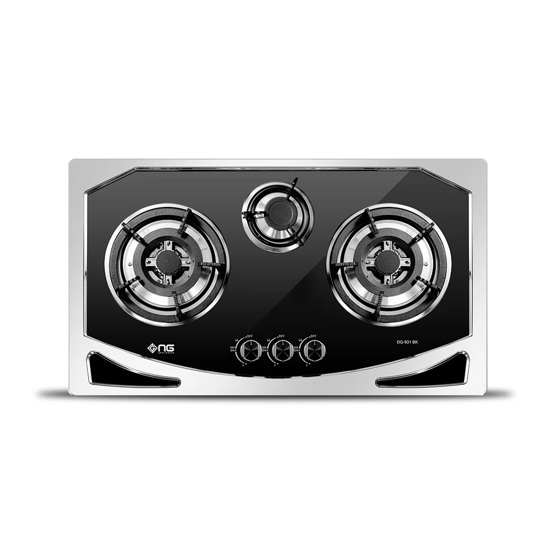NasGas DG-931 BK Built In Hob - 3 Burner Black Stainless Steel Gas Stove With Chrome Accents